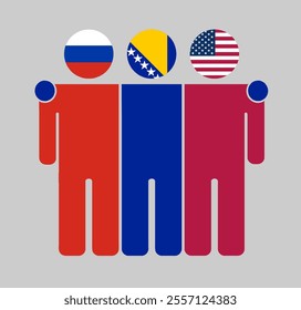 Flat illustration of three human figures with Russia, Bosnia and Herzegovina, and USA flags as heads. Minimalistic design, isolated background.