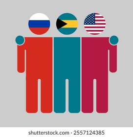 Flat illustration of three human figures with Russia, Bahamas, and USA flags as heads. Minimalistic design, isolated background.