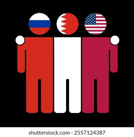 Flat illustration of three human figures with Russia, Bahrain, and USA flags as heads. Minimalistic design, isolated background.