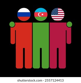 Flat illustration of three human figures with Russia, Azerbaijan, and USA flags as heads. Minimalistic design, isolated background.