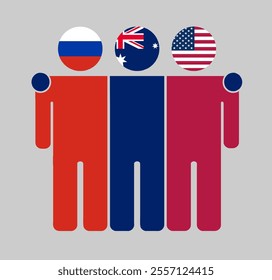 Flat illustration of three human figures with Russia, Australia, and USA flags as heads. Minimalistic design, isolated background.