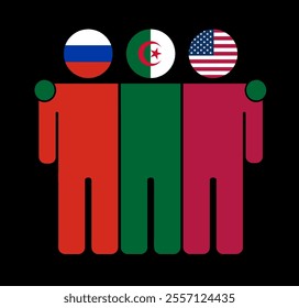 Flat illustration of three human figures with Russia, Algeria, and USA flags as heads. Minimalistic design, isolated background.