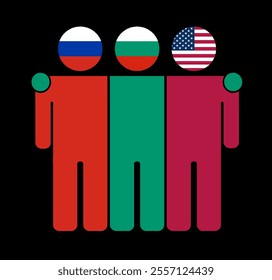 Flat illustration of three human figures with Russia, Bulgaria, and USA flags as heads. Minimalistic design, isolated background.