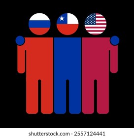 Flat illustration of three human figures with Russia, Chile, and USA flags as heads. Minimalistic design, isolated background.