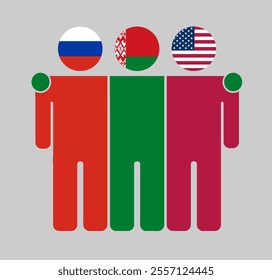 Flat illustration of three human figures with Russia, Belarus, and USA flags as heads. Minimalistic design, isolated background.