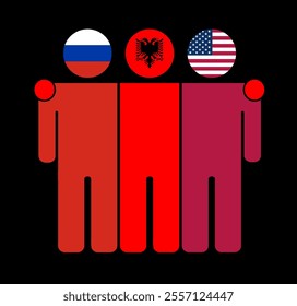 Flat illustration of three human figures with Russia, Albania, and USA flags as heads. Minimalistic design, isolated background.