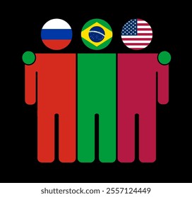 Flat illustration of three human figures with Russia, Brazil, and USA flags as heads. Minimalistic design, isolated background.