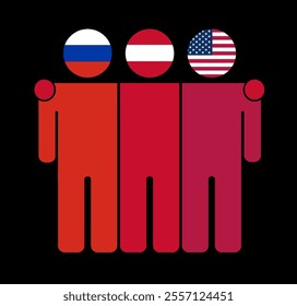 Flat illustration of three human figures with Russia, Austria, and USA flags as heads. Minimalistic design, isolated background.