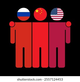 Flat illustration of three human figures with Russia, China, and USA flags as heads. Minimalistic design, isolated background.