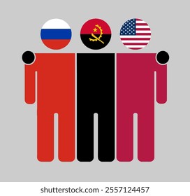 Flat illustration of three human figures with Russia, Angola, and USA flags as heads. Minimalistic design, isolated background.