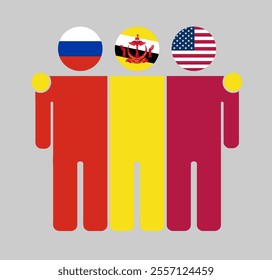 Flat illustration of three human figures with Russia, Brunei Darussalam, and USA flags as heads. Minimalistic design, isolated background.