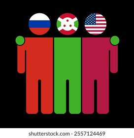 Flat illustration of three human figures with Russia, Burundi, and USA flags as heads. Minimalistic design, isolated background.