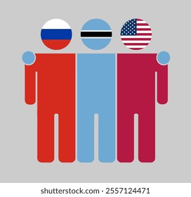 Flat illustration of three human figures with Russia, Botswana, and USA flags as heads. Minimalistic design, isolated background.