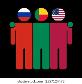 Flat illustration of three human figures with Russia, Benin, and USA flags as heads. Minimalistic design, isolated background.