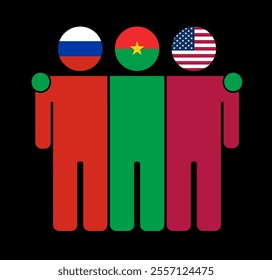 Flat illustration of three human figures with Russia, Burkina Faso, and USA flags as heads. Minimalistic design, isolated background.