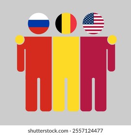 Flat illustration of three human figures with Russia, Belgium, and USA flags as heads. Minimalistic design, isolated background.