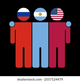 Flat illustration of three human figures with Russia, Argentina, and USA flags as heads. Minimalistic design, isolated background.