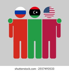 Flat illustration of three human figures with Russia, Azerbaijan, and USA flags as heads. Minimalistic design, isolated background.