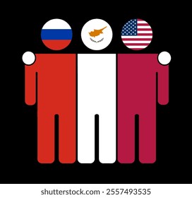 Flat illustration of three human figures with Russia, Cyprus, and USA flags as heads. Minimalistic design, isolated background.