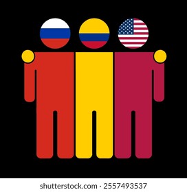 Flat illustration of three human figures with Russia, Colombia, and USA flags as heads. Minimalistic design, isolated background.