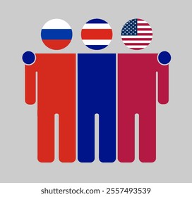 Flat illustration of three human figures with Russia, Costa Rica, and USA flags as heads. Minimalistic design, isolated background.