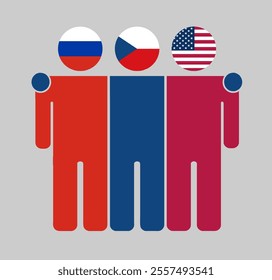 Flat illustration of three human figures with Russia, Czech Republic, and USA flags as heads. Minimalistic design, isolated background.