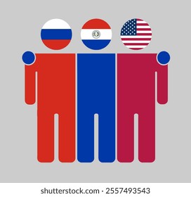 Flat illustration of three human figures with Russia, Paraguay, and USA flags as heads. Minimalistic design, isolated background.