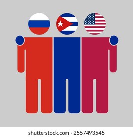 Flat illustration of three human figures with Russia, Cuba, and USA flags as heads. Minimalistic design, isolated background.