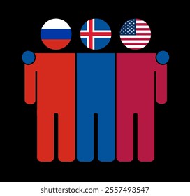 Flat illustration of three human figures with Russia, Iceland, and USA flags as heads. Minimalistic design, isolated background.