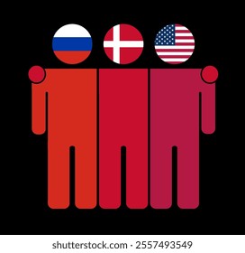 Flat illustration of three human figures with Russia, Denmark, and USA flags as heads. Minimalistic design, isolated background.