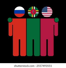 Flat illustration of three human figures with Russia, Dominica, and USA flags as heads. Minimalistic design, isolated background.