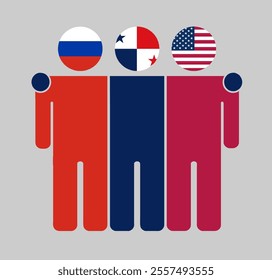 Flat illustration of three human figures with Russia, Panama, and USA flags as heads. Minimalistic design, isolated background.