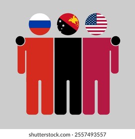 Flat illustration of three human figures with Russia, Papua New Guinea, and USA flags as heads. Minimalistic design, isolated background.