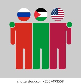 Flat illustration of three human figures with Russia, Palestine, and USA flags as heads. Minimalistic design, isolated background.