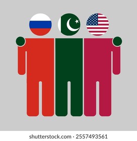 Flat illustration of three human figures with Russia, Pakistan, and USA flags as heads. Minimalistic design, isolated background.