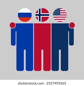 Flat illustration of three human figures with Russia, Norway, and USA flags as heads. Minimalistic design, isolated background.