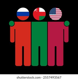 Flat illustration of three human figures with Russia, Oman, and USA flags as heads. Minimalistic design, isolated background.