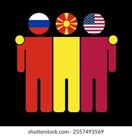 Flat illustration of three human figures with Russia, North Macedonia, and USA flags as heads. Minimalistic design, isolated background.