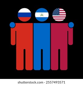 Flat illustration of three human figures with Russia, Nicaragua, and USA flags as heads. Minimalistic design, isolated background.