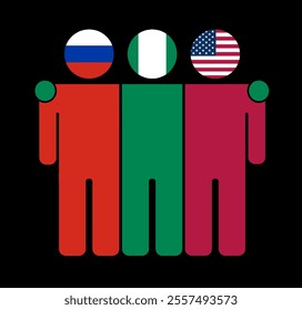 Flat illustration of three human figures with Russia, Nigeria, and USA flags as heads. Minimalistic design, isolated background.