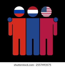 Flat illustration of three human figures with Russia, Netherlands, and USA flags as heads. Minimalistic design, isolated background.