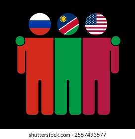 Flat illustration of three human figures with Russia, Namibia, and USA flags as heads. Minimalistic design, isolated background.