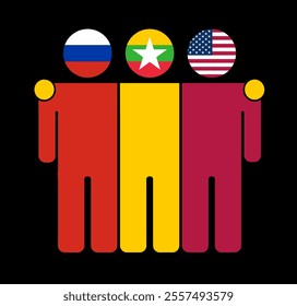 Flat illustration of three human figures with Russia, Myanmar, and USA flags as heads. Minimalistic design, isolated background.