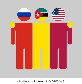 Flat illustration of three human figures with Russia, Mozambique, and USA flags as heads. Minimalistic design, isolated background.