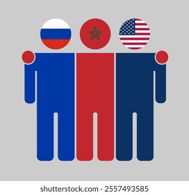 Flat illustration of three human figures with Russia, Morocco, and USA flags as heads. Minimalistic design, isolated background.