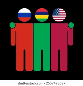 Flat illustration of three human figures with Russia, Mauritius, and USA flags as heads. Minimalistic design, isolated background.