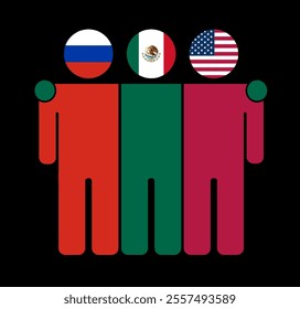 Flat illustration of three human figures with Russia, Mexico, and USA flags as heads. Minimalistic design, isolated background.