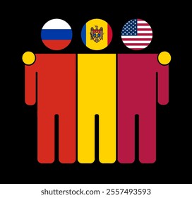 Flat illustration of three human figures with Russia, Moldova, and USA flags as heads. Minimalistic design, isolated background.