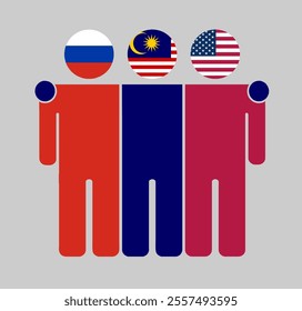 Flat illustration of three human figures with Russia, Malaysia, and USA flags as heads. Minimalistic design, isolated background.