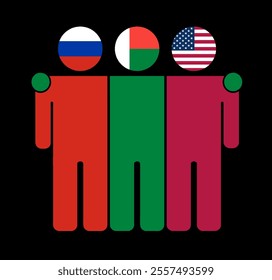 Flat illustration of three human figures with Russia, Madagascar, and USA flags as heads. Minimalistic design, isolated background.